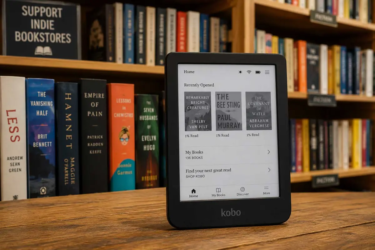 A Kobo e-reader on a wooden table in front of a shelf of physical books in an indie bookstore