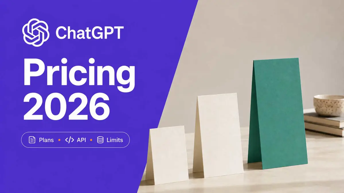 Three ascending pricing cards beside a violet panel reading ChatGPT Pricing 2026