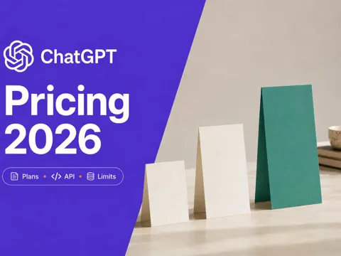 Three ascending pricing cards beside a violet panel reading ChatGPT Pricing 2026