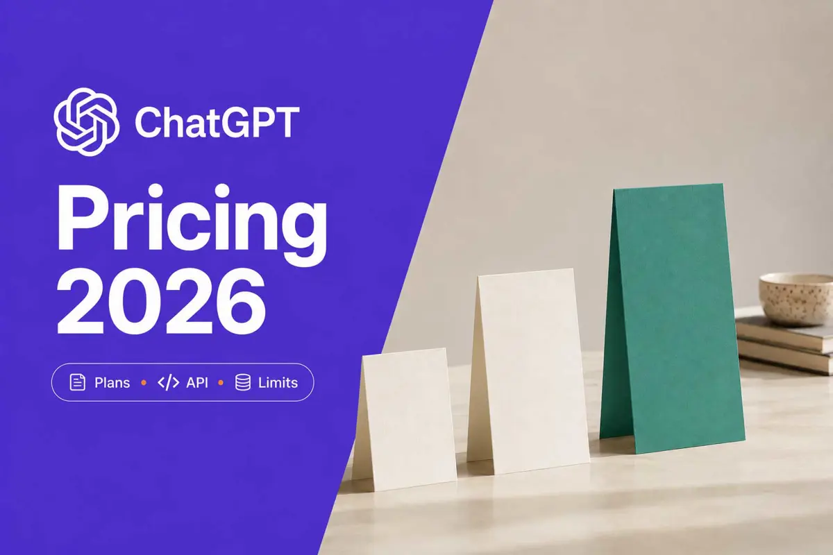 Three ascending pricing cards beside a violet panel reading ChatGPT Pricing 2026