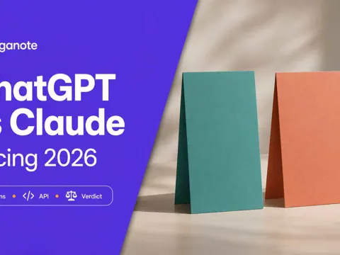 Two equal pricing cards in teal and coral beside a violet panel reading ChatGPT vs Claude Pricing 2026