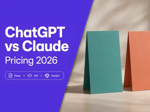 Two equal pricing cards in teal and coral beside a violet panel reading ChatGPT vs Claude Pricing 2026