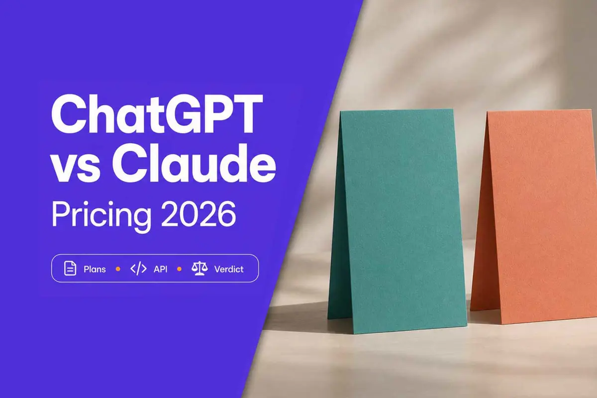 Two equal pricing cards in teal and coral beside a violet panel reading ChatGPT vs Claude Pricing 2026