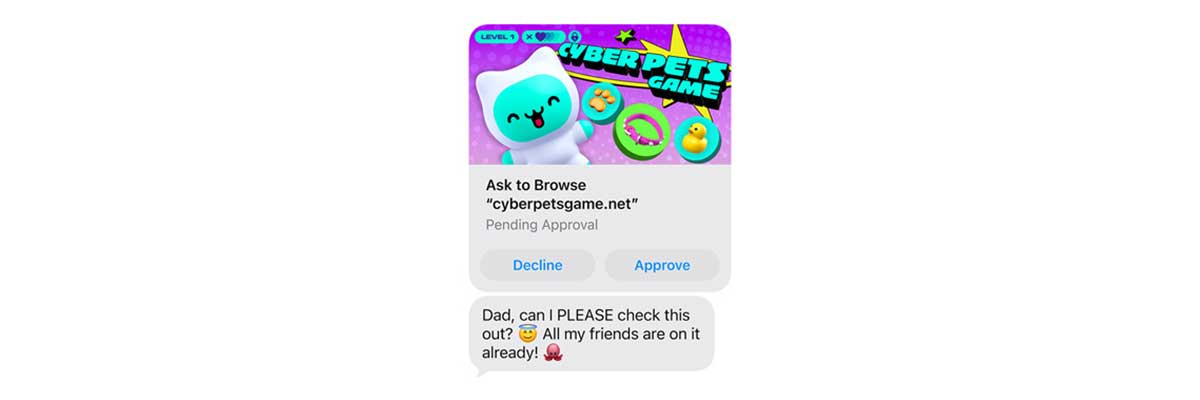 Parent receiving a text message from their child requesting permission to visit a new website, with Decline and Approve buttons