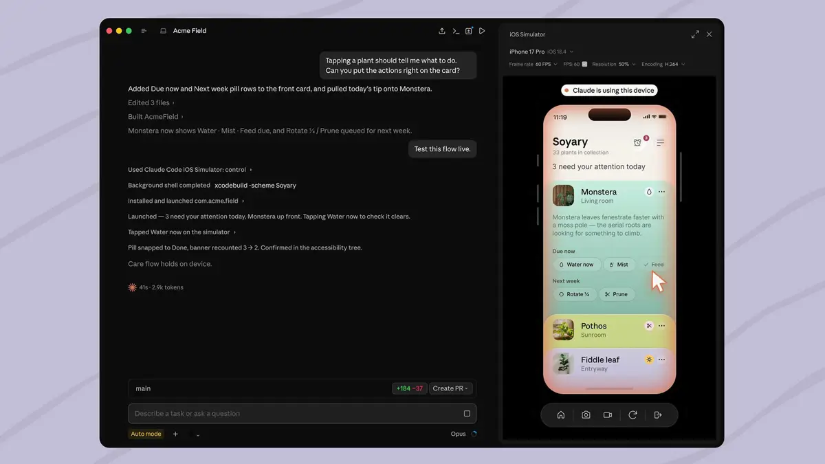 Claude Code Desktop showing iOS Simulator pane with an iPhone app running beside the code editor