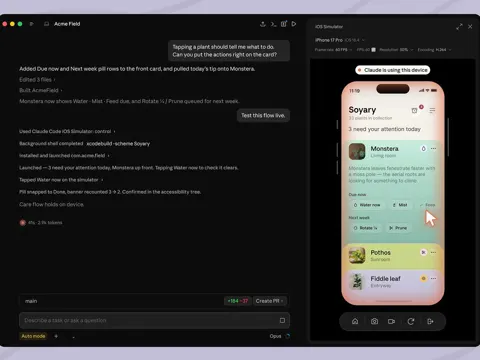 Claude Code Desktop showing iOS Simulator pane with an iPhone app running beside the code editor