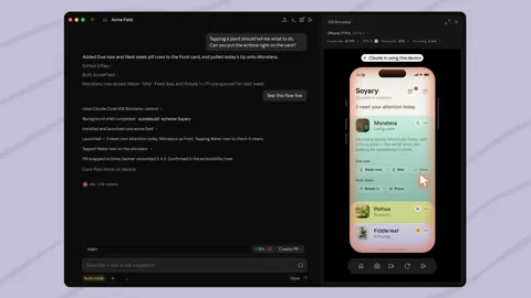 Claude Code Desktop showing iOS Simulator pane with an iPhone app running beside the code editor