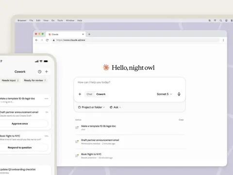 Claude Cowork interface shown on mobile and web alongside the Claude logo on a dark background