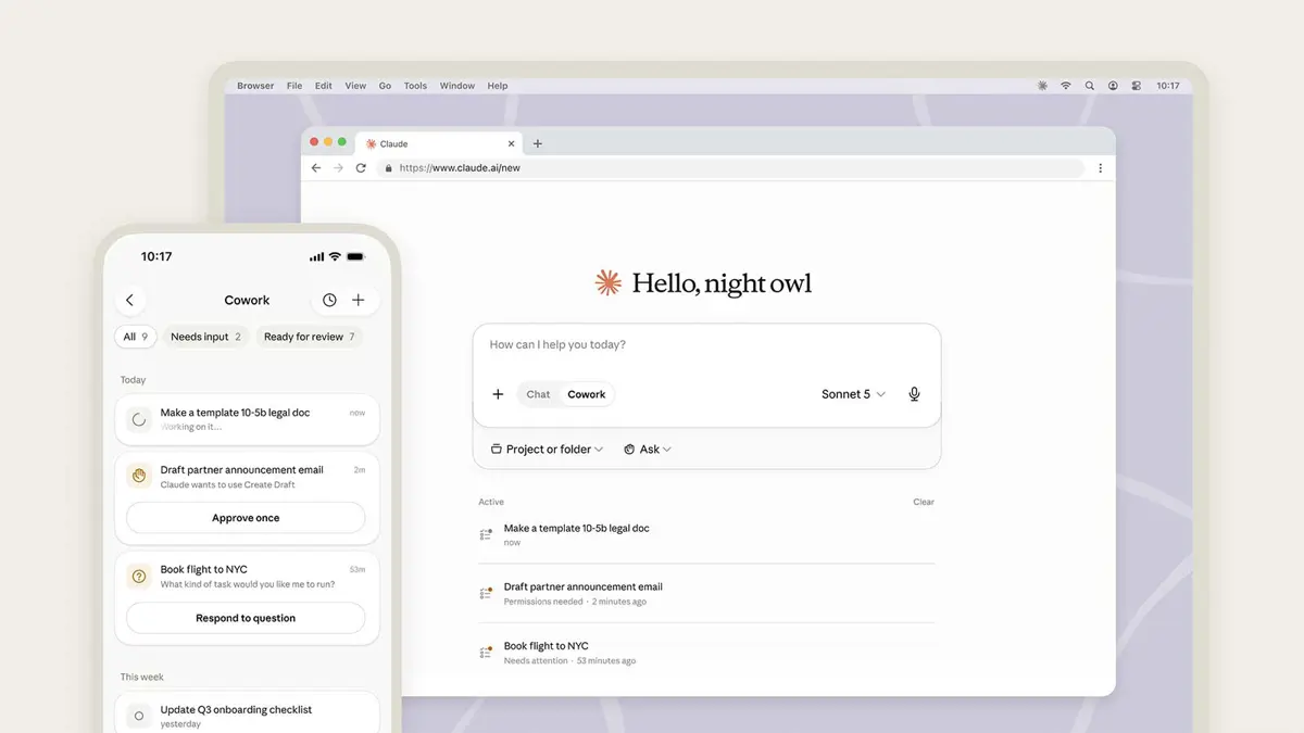 Claude Cowork interface shown on mobile and web alongside the Claude logo on a dark background