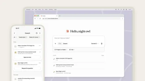 Claude Cowork interface shown on mobile and web alongside the Claude logo on a dark background