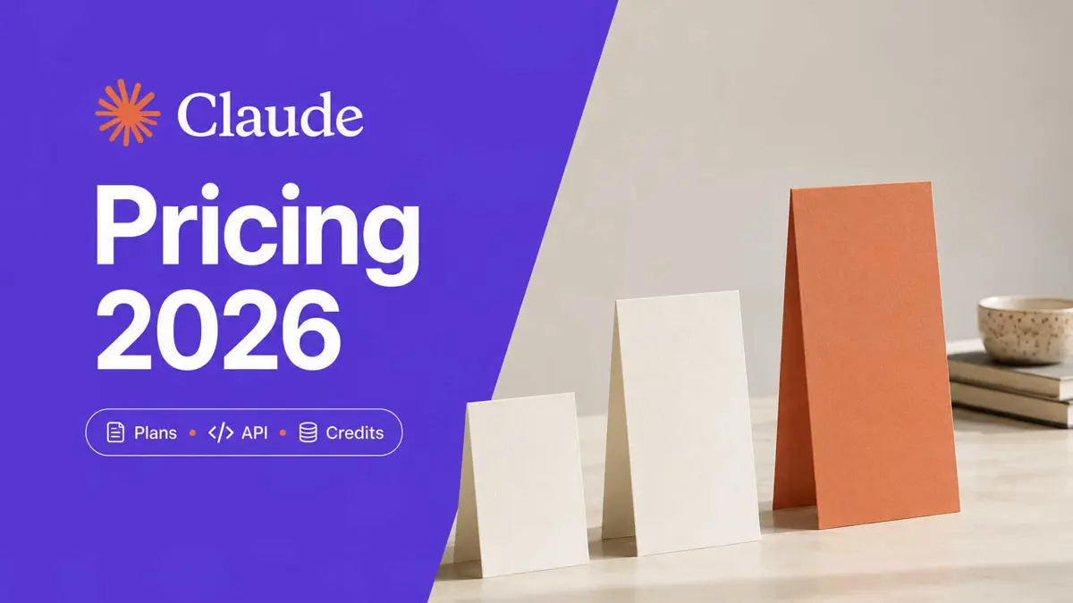 Three ascending pricing cards on a desk under the headline Claude Pricing 2026