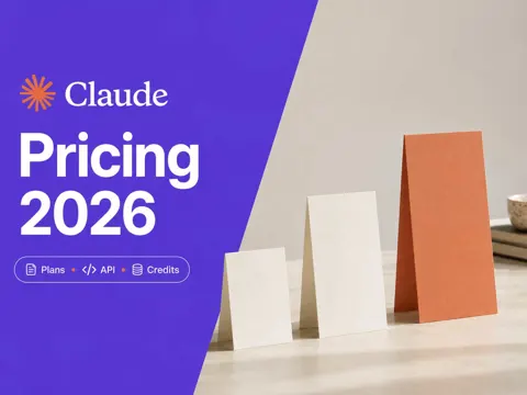 Three ascending pricing cards on a desk under the headline Claude Pricing 2026