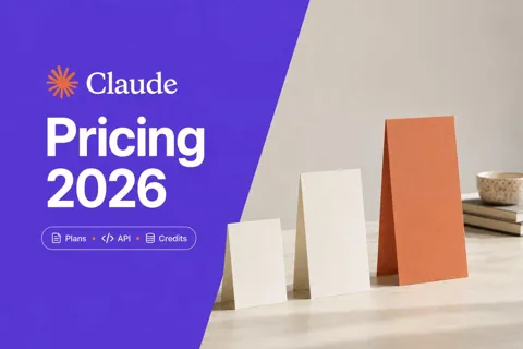 Three ascending pricing cards on a desk under the headline Claude Pricing 2026