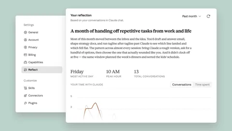 Claude Reflect dashboard in Settings showing usage patterns, topic breakdown, and reflection prompts for AI habit tracking
