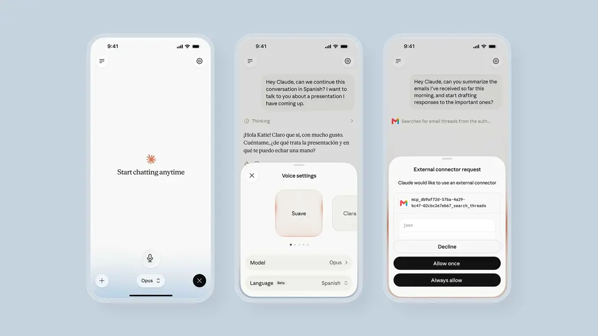 Claude voice mode interface showing model selection between Opus, Sonnet, and Haiku alongside connected app icons for Gmail, Slack, and Notion