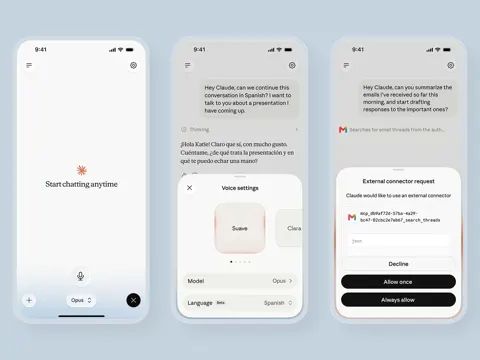 Claude voice mode interface showing model selection between Opus, Sonnet, and Haiku alongside connected app icons for Gmail, Slack, and Notion
