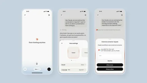 Claude voice mode interface showing model selection between Opus, Sonnet, and Haiku alongside connected app icons for Gmail, Slack, and Notion