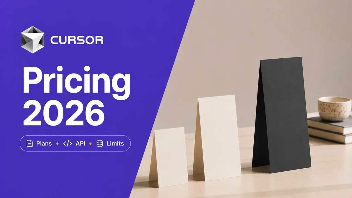 Three ascending pricing cards beside a violet panel reading Cursor Pricing 2026