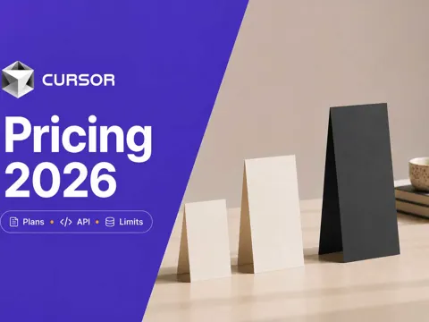 Three ascending pricing cards beside a violet panel reading Cursor Pricing 2026