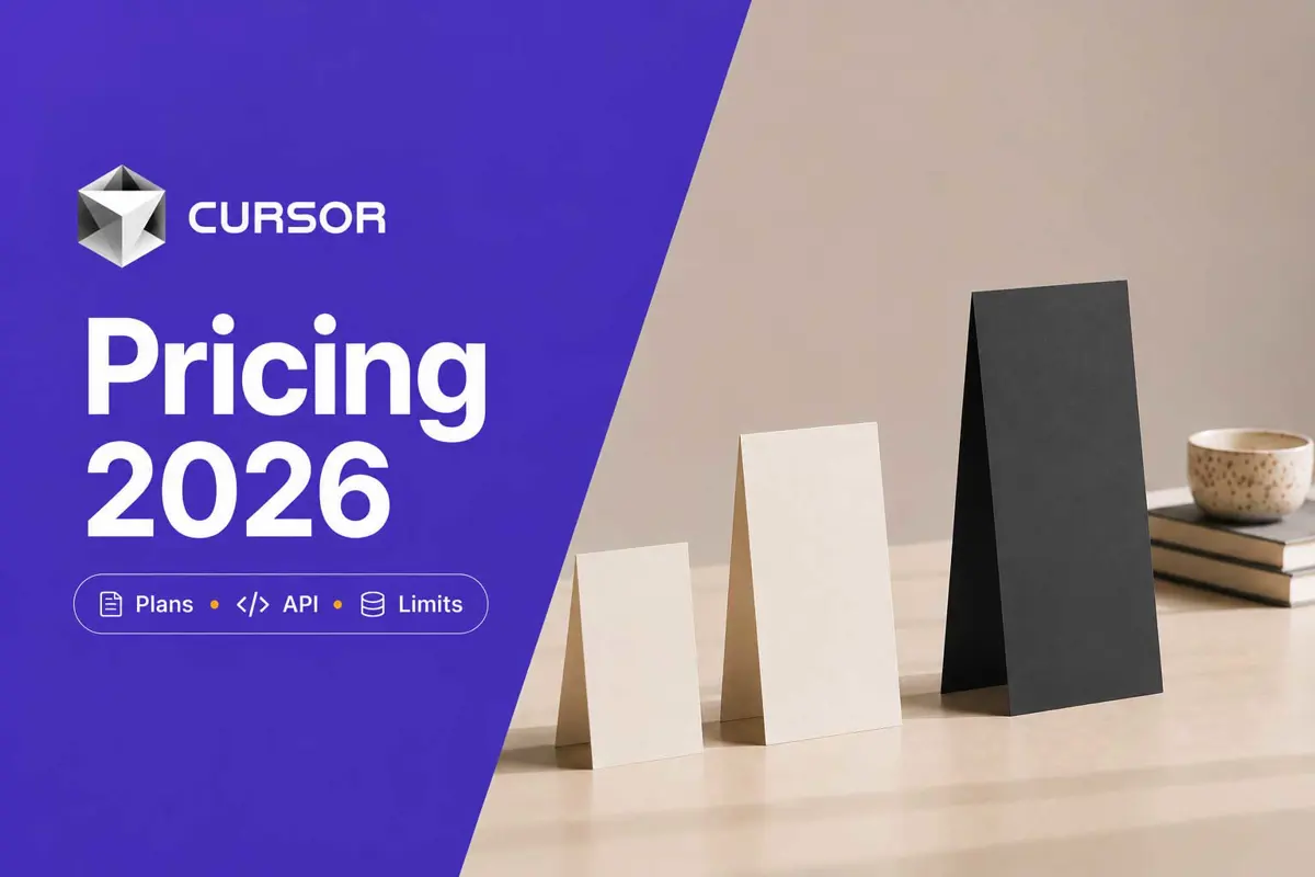 Three ascending pricing cards beside a violet panel reading Cursor Pricing 2026