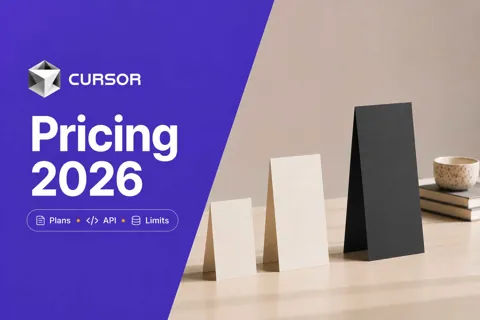 Three ascending pricing cards beside a violet panel reading Cursor Pricing 2026