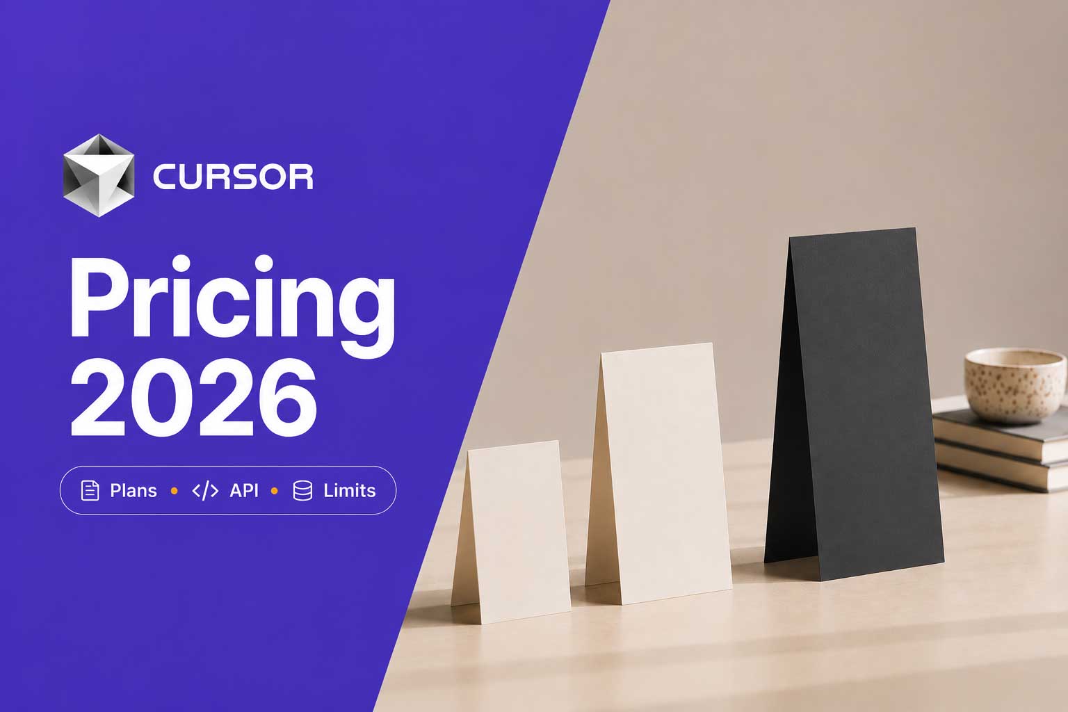 Three ascending pricing cards beside a violet panel reading Cursor Pricing 2026