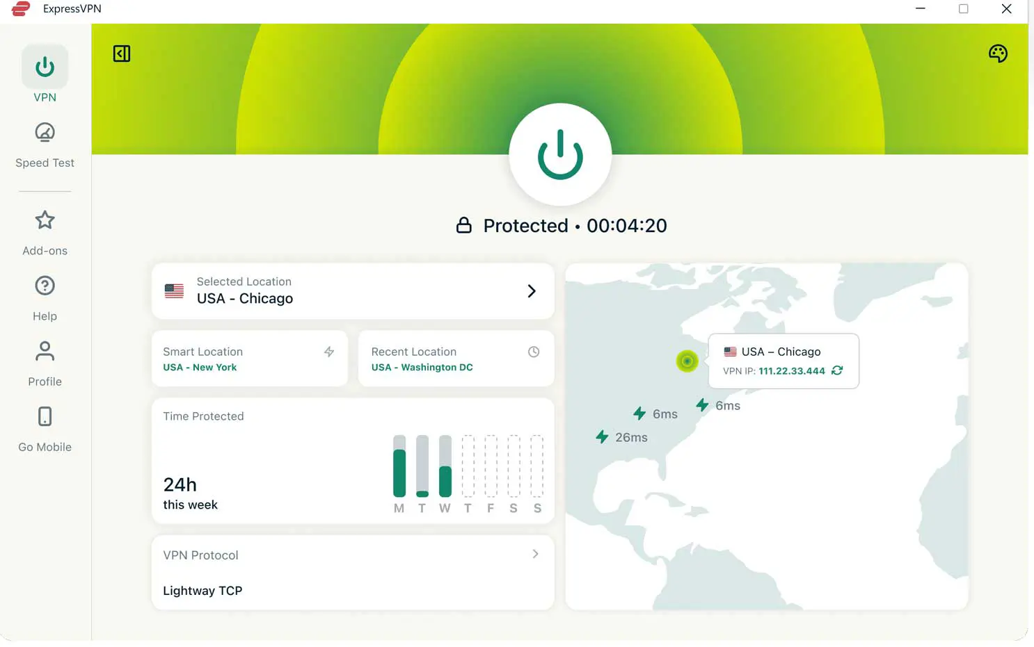 ExpressVPN desktop app showing server selection list and connect button