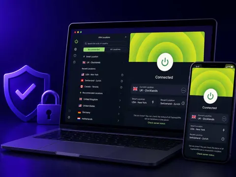 ExpressVPN app interface showing server list and connection status on desktop