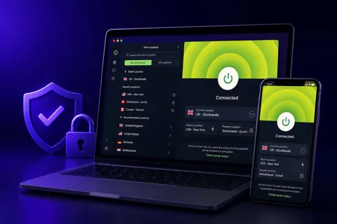 ExpressVPN app interface showing server list and connection status on desktop