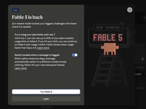Anthropic's Claude.ai popup announcing Fable 5's return with 50% plan limits through July 7 and a new switch-models safety setting