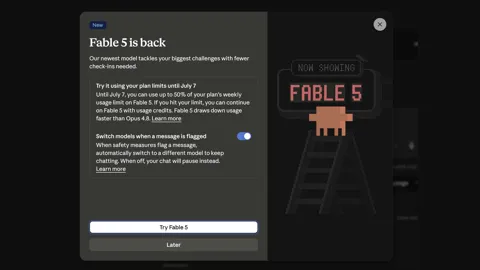 Anthropic's Claude.ai popup announcing Fable 5's return with 50% plan limits through July 7 and a new switch-models safety setting