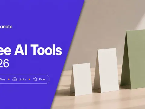Three ascending pricing cards with a sage green accent beside a violet panel reading Free AI Tools 2026