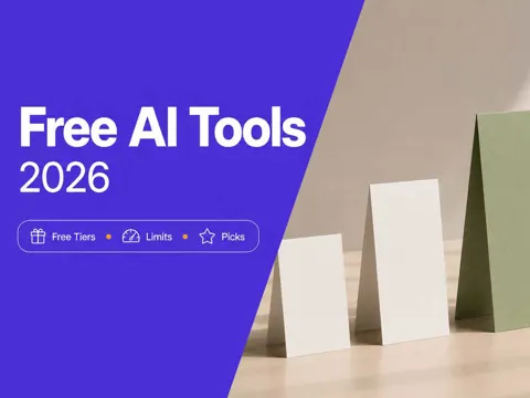 Three ascending pricing cards with a sage green accent beside a violet panel reading Free AI Tools 2026