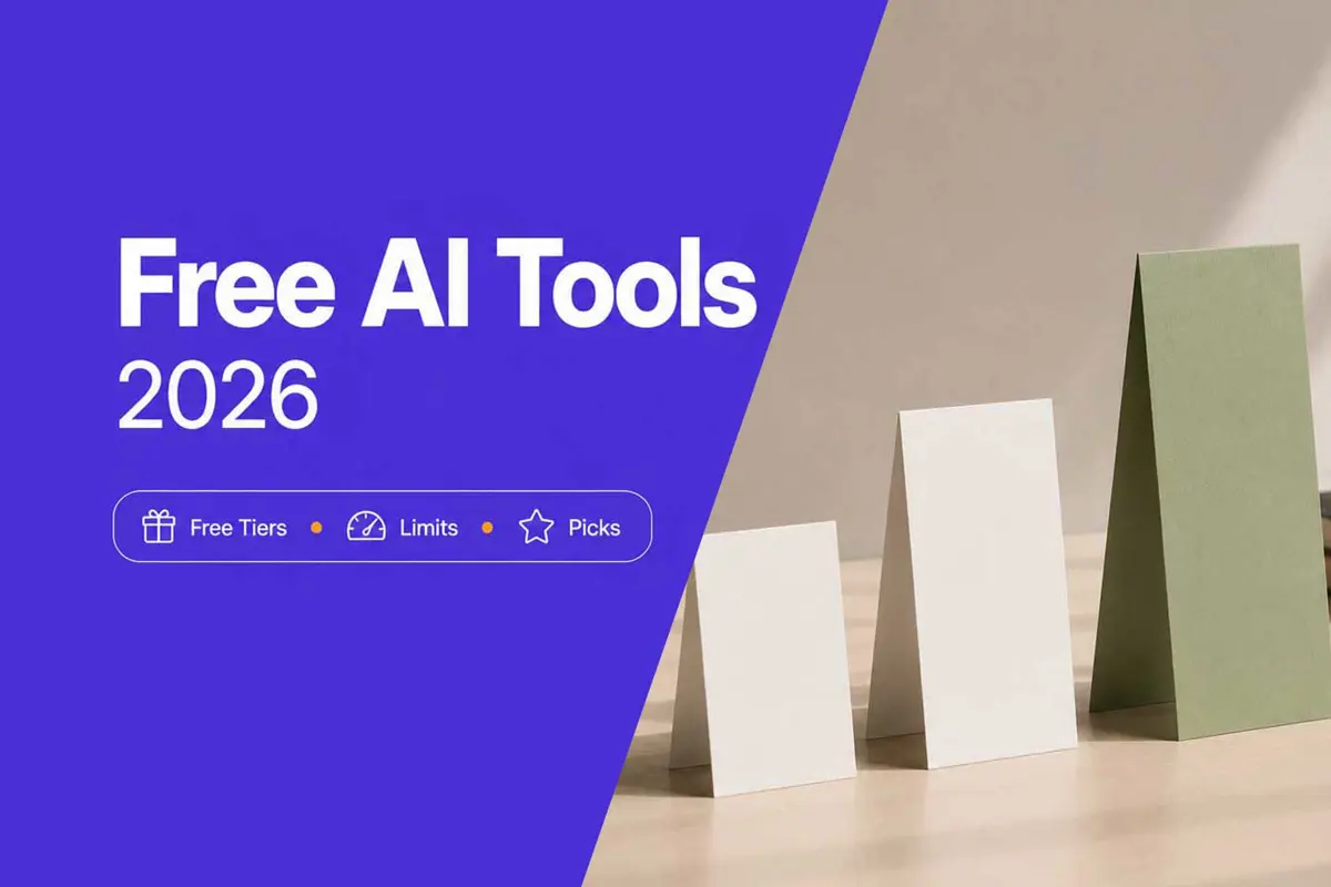 Three ascending pricing cards with a sage green accent beside a violet panel reading Free AI Tools 2026