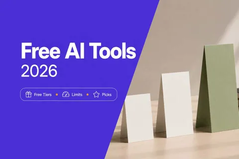 Three ascending pricing cards with a sage green accent beside a violet panel reading Free AI Tools 2026