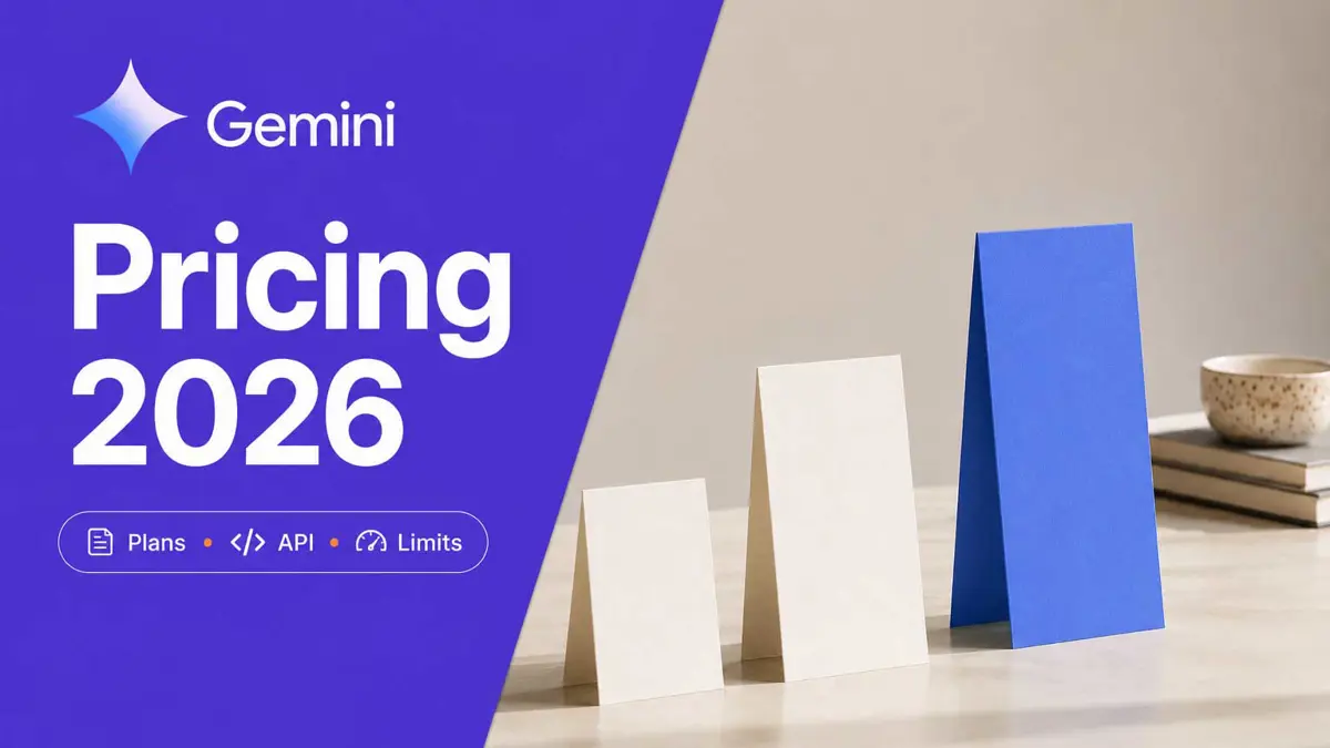 Three ascending pricing cards beside a violet panel reading Gemini Pricing 2026