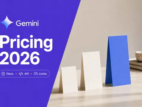Three ascending pricing cards beside a violet panel reading Gemini Pricing 2026