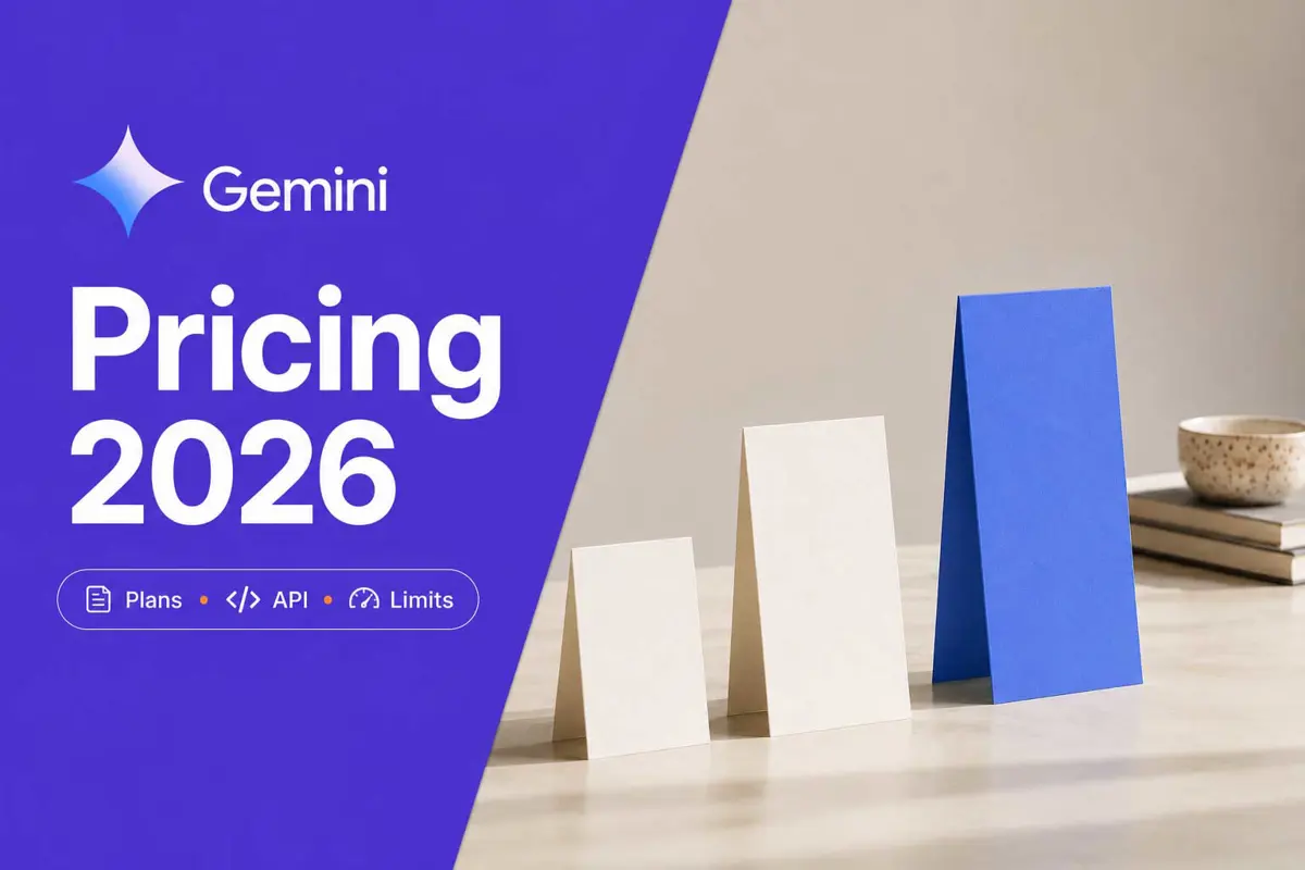 Three ascending pricing cards beside a violet panel reading Gemini Pricing 2026