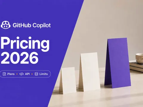 Three ascending pricing cards beside a violet panel reading GitHub Copilot Pricing 2026