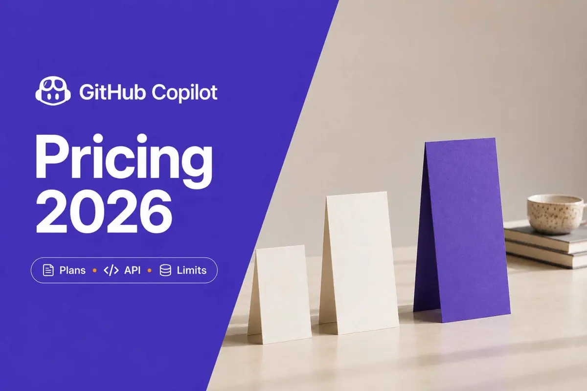 Three ascending pricing cards beside a violet panel reading GitHub Copilot Pricing 2026
