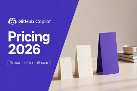 Three ascending pricing cards beside a violet panel reading GitHub Copilot Pricing 2026