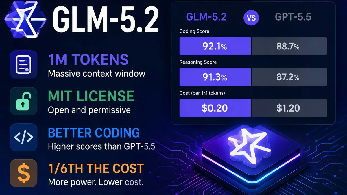 Illustration highlighting the GLM-5.2 AI model with a 1 million token context window, MIT license, improved coding performance, and lower cost compared with GPT-5.5