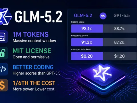 Illustration highlighting the GLM-5.2 AI model with a 1 million token context window, MIT license, improved coding performance, and lower cost compared with GPT-5.5