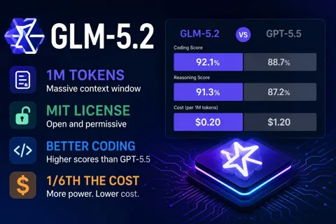 Illustration highlighting the GLM-5.2 AI model with a 1 million token context window, MIT license, improved coding performance, and lower cost compared with GPT-5.5