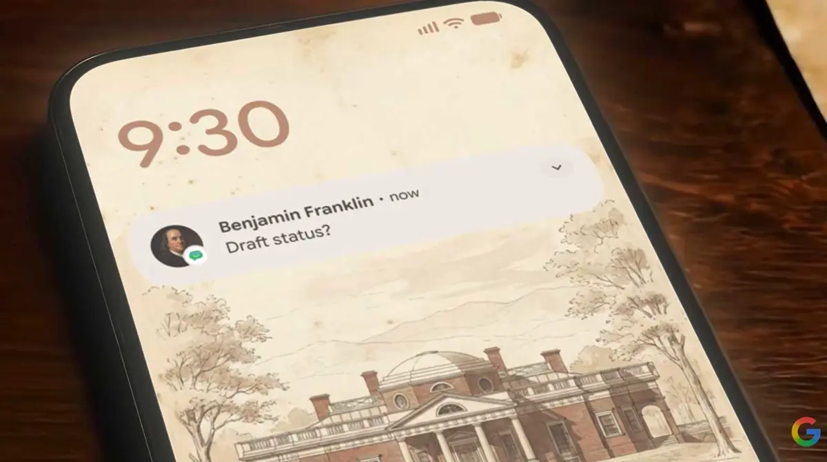 Colonial-era figures gathered around a parchment document in Google's Declaration of Independence commercial