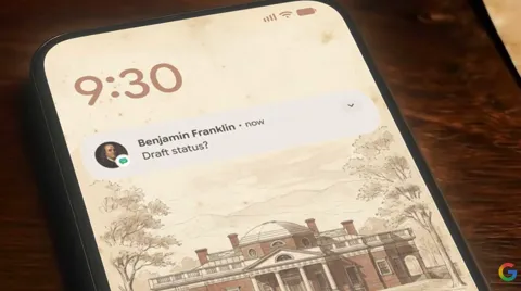 Colonial-era figures gathered around a parchment document in Google's Declaration of Independence commercial