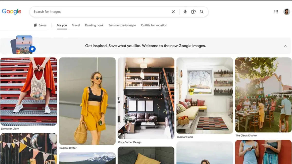 New Google Images homepage showing the For You personalized gallery with collections tabs