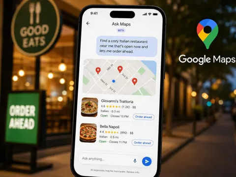 Google Maps app shown on a smartphone displaying the Ask Maps conversational interface, representing the upcoming Gemini-powered food ordering feature
