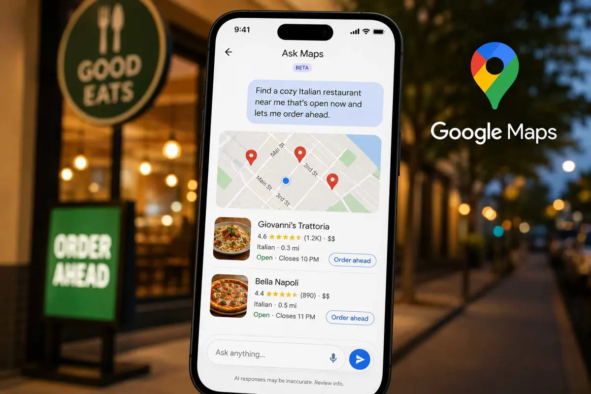 Google Maps app shown on a smartphone displaying the Ask Maps conversational interface, representing the upcoming Gemini-powered food ordering feature