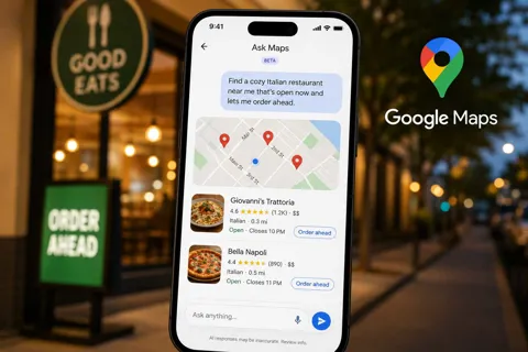 Google Maps app shown on a smartphone displaying the Ask Maps conversational interface, representing the upcoming Gemini-powered food ordering feature